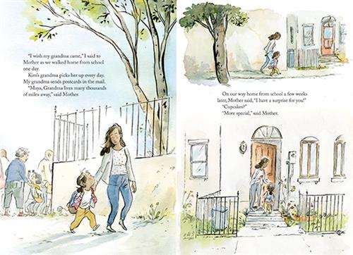  This image is a double page spread. To the left, a woman and girl with medium dark skin tone walk past a fence. Behind are adults and children. The text says the girl tells her mom she wishes her grandma picked her up from school, like another child’s does. Her mom says the grandma lives thousands of miles away. To the right are two scenes. First, the woman and girl are on a sidewalk. Second, they go into a house. The text says weeks later, after school, the mom says she has a special surprise for the girl. 