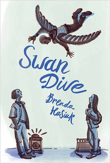  A man and a woman with light skin tone stand and look up to the sky. A man with dark skin tone has wings and flies toward the ground between them. Everyone is in shades of blue and brown. Two electronic speakers are on the ground. Text: Swan Dive. Brenda Hasiuk. 