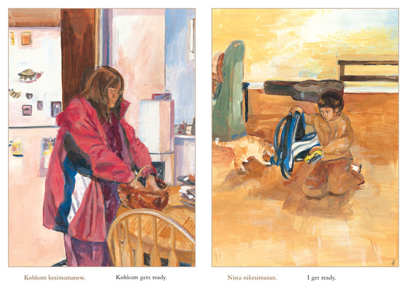  This image is a double page spread. To the left is a kitchen. A woman with medium skin tone stands at a kitchen table wearing a red coat. Her hands are in a small basket on the table. Text: Kohkom gets ready. To the right is a room with a boy with medium skin tone sitting on the floor. He is looking into an open backpack and holding a toy car. A cat is beside him. Text: I get ready. 
