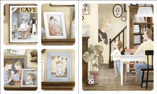  This image is a double page spread. To the left are photos in frames on a wall and a mantle. This first photo is a couple with light skin tone sitting outside a café. In the second, the woman is pregnant. The third is the couple with a new-born baby. There is photo of a toddler sleeping. The fourth is a boy with a balloon. To the right, a boy stands in between the hallway and dining room of a house. He speaks to a woman in the hallway. A man watches from the dining room table. 