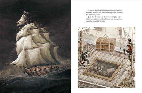  This image is a double page spread. To the left it is nighttime. A ship with large, white sails is in rough dark water. It has a British flag. To the right is a ship deck. Two men and a boy with light skin tone pull ropes that hold a large box over an open hatch on the deck. Below, a man with light skin tone stands with his arms up. Boxes are beside him. 