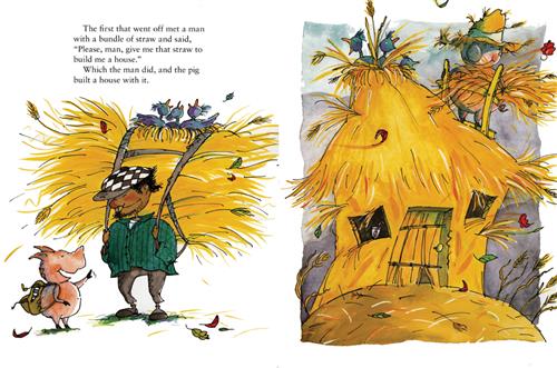  This image is a double page spread. To the left, a man with dark skin tone carries a bundle of hay on his back with leather straps. A nest with three birds is on top. The man looks down at a pig with a backpack in front of him. Text: The first that went off met a man with a bundle of straw and said, “Please, man, give me that straw to build me a house.” Which the man did, and the pig built a house with it. To the right is a straw house on a hill. On the roof, a nest has three birds and a pig carries hay. 