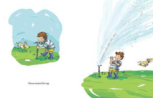  This image is a double page spread. On the left, a boy with light skin tone is turning the head of a tap that is coming up out of the grass. A small dog walks toward him. On the right, water shoots out of the tap into the air above the boy. The dog is running away. Text: Owen turned the tap. 