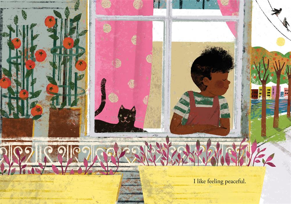  A boy rests his arms on a windowsill. His eyes are closed, and he smiles. A black cat looks out next to him. The boy has dark skin tone and black hair. He wears a t-shirt with green stripes and brown overalls. There is a pink curtain in the window. Outside, on the left, are two tomato plants, and yellow planters with leafy pink plants fill the foreground. On the far right, trees line a city street. Two gray birds sit on a wire, and a round yellow sun shines in the sky. Text: I like feeling peaceful. 