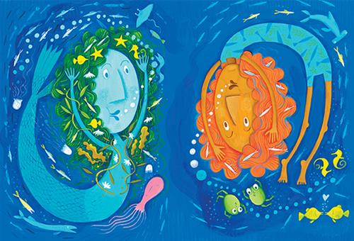  Two people are swimming in blue water. One is a mermaid with blue skin and green hair. They are surrounded by small sea creatures. Their arms are raised above their head with their tail curved up toward the back of their head. Beside them is a person with medium skin tone and orange hair. They are in the same position as the mermaid but upside down. The person is surrounded by two frogs and small sea creatures. 