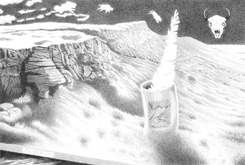  This image is in shades of black and white. A shelf has a label on the side that reads “Alberta.” On the shelf is a cliff with a flat top that has grassy sides. In the background is a picture of an animal skull with black horns. A can sits on the grass with a white feather in it. On the side of the can is a picture of a bird. 