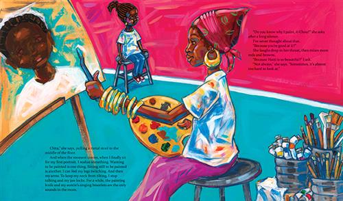  A woman with dark skin tone is on a stool by a canvas on an easel. Behind her are buckets with paints and brushes. She paints a girl with dark skin tone. The girl sits on a stool. The text says the woman asks her to sit for the painting. The girl realizes sitting still for a painting is difficult. The aunt asks if the girl knows why she paints. The girl wonders if it’s because she’s good at it or if it’s because Haiti is so beautiful. The aunt says not always- that sometimes it is too hard to look at. 