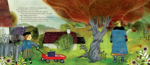  A woman and a girl stand in a backyard garden. There is a large tree in the center that has orange leaves. The girl has a red wagon and is watching the woman. The woman has her back to the girl and the garden. Text says that when fall comes, Aunt Pearl doesn't go through garbage. Marta asks if they can go give things a second chance, but Aunt Pearl stares into a ravine in the backyard. Marta knows she wants to be alone. 