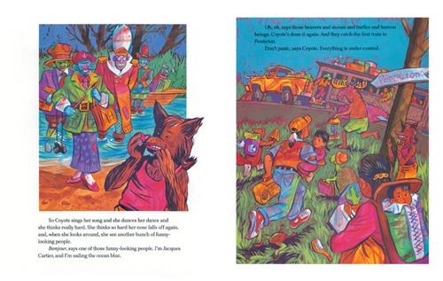  This image is a double page spread. To the left, people leave a small boat. They have colourful skin. A coyote watches. The text says the coyote sees more strange people. One named Jacques Cartier says hi. To the right, people and animals run to train tracks. On the track is a trailer of people. A coyote is in the grass. The text says the animals and humans say Oh oh. They think the coyote has done it again and they catch the train to Penticton. Coyote says not to panic and that everything is under control. 