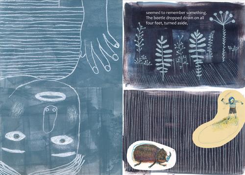  This image is a double page spread. To the left is a chalk drawing of an upside-down person with wide eyes and an open mouth. To the right it is night. Plants grow against a black background. A lawn with white stripes extends out from it. In a white bubble on the lawn is a black beetle. In a yellow bubble on the lawn is a boy with light skin tone standing on green grass with a hand in the air. Text: seemed to remember something. The beetle dropped down on all four feet, turned aside, 