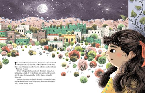  It is nighttime. There is a town in front of a hill range. A girl with medium skin tone and a red ribbon in her hair sits against a column watching the town. She is wearing a yellow dress with green buttons. There is an expanse of land and bushes between the girl and the town. The moon and stars are in the sky. A vine crawls up the column. Text says it's the last afternoon of Passover. Miriam sits in her courtyard as Passover turns to Mimouna. She wants to help her mother cook doughy treats for the holiday. 