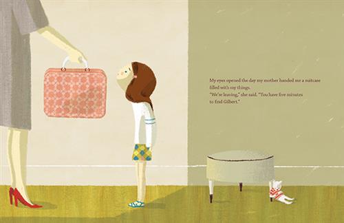  A woman and a girl with light skin tone stand in a hallway. The girl is looking up at the woman, whose head is out of frame. The woman is holding a pink patterned suitcase out toward the girl. A stuffed animal sits against an ottoman to the side. Text: My eyes opened the day my mother handed me a suitcase filled with my things. “We’re leaving,” she said. “You have five minutes to find Gilbert.” 