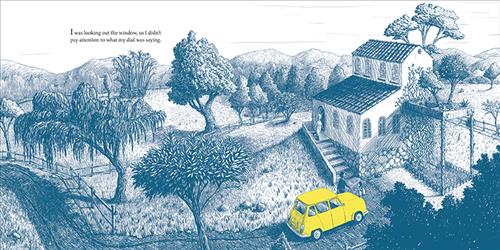  This image is in shades of black and white. A small road leads to a white house. The land around the house has many types of trees, and hills line the background. Beside the house is a terrace with vines going up the wall, and small trees growing on the top. A yellow car is in the driveway. A man and a girl walk toward the stairs leading to the house’s entrance. A person walks toward them from the front door. Text: I was looking out the window, so I didn’t pay attention to what my dad was saying. 