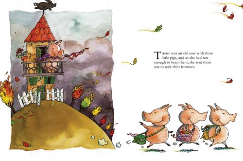  This image is a double page spread. To the left is a house on a hill. The house has cracks in the walls. A pig stands on a porch on the second floor. It waves a checkered handkerchief in the air. There is a tear on its face. The sky is dark, and leaves blow off the trees that line the hill. To the right are three pigs. They each carry a bag. Leaves blow around them. Text: There was an old sow with three little pigs, and as she had not enough to keep them, she sent them out to seek their fortunes. 