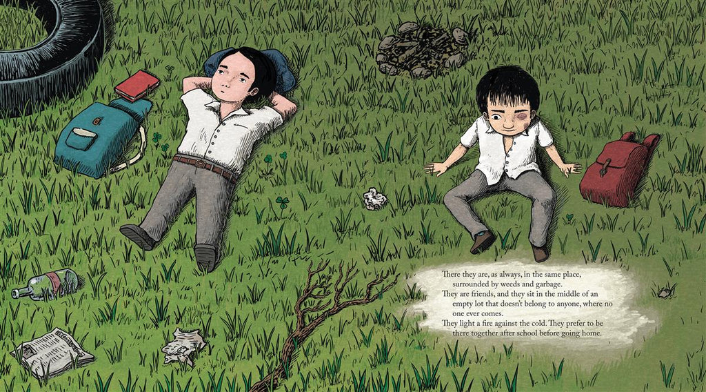  Two boys in uniforms with light skin tone and black hair are in the grass. One sits and the other lies down with his hands behind his head. The boy who sits has a black eye. His shirt is untucked and half buttoned. Beside them are two backpacks, newspapers, a bottle, a big tire, a stone circle, and a dead branch. The text says these two friends always sit in this empty lot no one goes to, surrounded by weeds and garbage. They light a fire when cold because they prefer this before going home after school. 