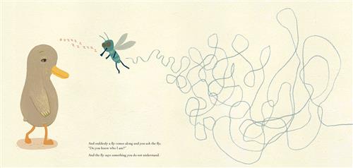  A small, brown duck stands facing a blue fly. Above the fly’s head reads: Bzzzzz. Behind the fly is a blue line that zigzags, swirls, and crisscrosses all over itself to show the fly’s flight path. Text: And suddenly a fly comes along and you ask the fly, “Do you know who I am?” And the fly says something you do not understand 