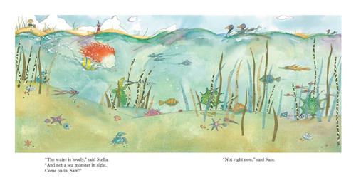  A view underwater shows fish, crabs, starfish, seashells, and kelp. A girl with light skin tone and red hair in a swimsuit swims through the water. Above the water are three ducks floating on the surface. Sand dunes are in the distance. A boy with light skin tone and blond hair is on a sand dune with a brown dog. Text: “The water is lovely,” said Stella. “And not a sea monster in sight. Come on in, Sam!” “Not right now,” said Sam. 