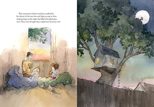  This image is a double page spread. To the left is a small brown space. A man and a boy with light skin tone sit on sleeping bags eating sandwiches. Outside a window the sky is pink, yellow, and blue. Text: They ate peanut-butter-and-jam sandwiches for dinner in the tree fort and slept up top in their sleeping bags as the night sky filled with glittering stars. They even thought they might have heard an owl. To the right it is night. A large tree has a fort and a ladder to the ground. The moon shines above. 