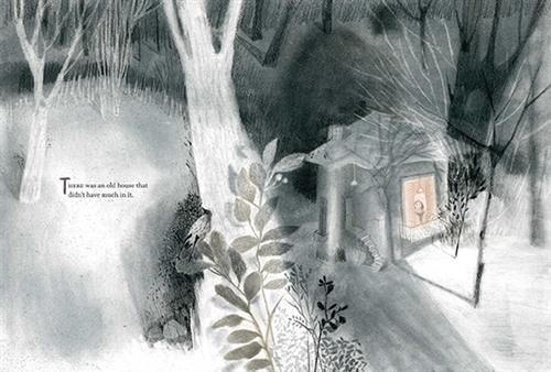  This image is in shades of black and white. It is nighttime. There is a forest of bare trees. A small house is in the trees. Through the front window a pink light emerges. A person is standing in the house looking out of the front window. Text: There was an old house that didn’t have much in it. 