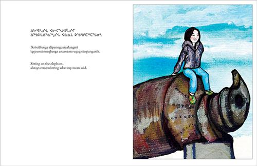  A girl with light skin tone and black hair sits on a metal structure. The structure is a brown and red cylinder, with a large cap on one end that resembles a beak facing the sky. The girl is wearing a jacket. Text: Sitting on the elephant, always remembering what my mom said. 