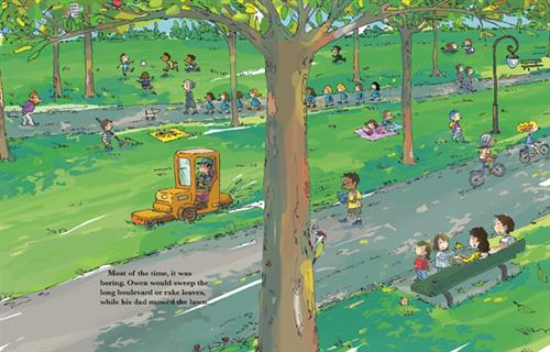  A park is filled with people on a sunny day. Two people ride bikes while others walk around. A group of school-girls walk behind their teacher. A few people are playing soccer. Two children stand by two adults sitting on a park bench. A boy rakes the grass. A yellow lawn mower mows the grass. Text: Most of the time, it was boring. Owen would sweep the long boulevard or rake leaves, while his dad mowed the lawn. 