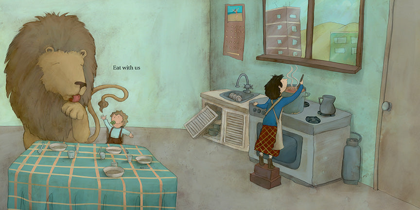  A room has a sink and an oven to one side. In the middle is a square table with a tablecloth. The sink cabinet door is hanging off. A girl with light skin tone stands on a stepstool and stirs a big pot on the oven. A giant lion sits at the table with a baby with light skin tone. The lion licks its paw and the baby reaches up for its tail. Outside a window above the sink are city buildings. Text: Eat with us. 