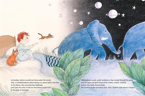  A bed and a bedroom turn into an outdoor space halfway across the page. In bed is a boy with light skin tone and orange hair with an orange cat. A small tiger leaps from his hands. Beyond his blankets are leaves and grass. Two blue elephants walk together, one holding the other’s tail. Stars are in the night sky. The text says Morris had a great dream about being on a safari with Moo. They saw animals that fit in his hand. Buttons on a spaceship click under his fingers. 