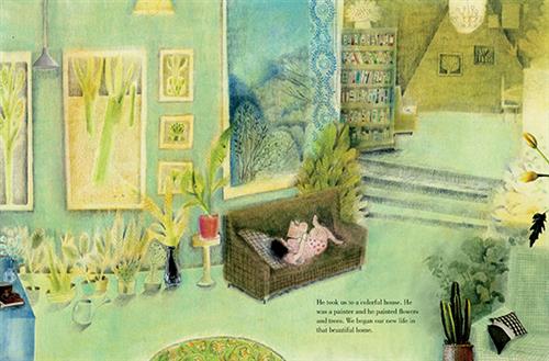  The living room of a house has green walls and floors. Up a few stairs is another green room with books and chairs. In the living room are many plants, and pictures of plants. A brown couch is against on wall. A tall and wide plant is beside it. A person with light skin tone lies on the couch reading a book. Text: He took us to a colorful house. He was a painter and he painted flowers and trees. We began our new life in that beautiful house. 