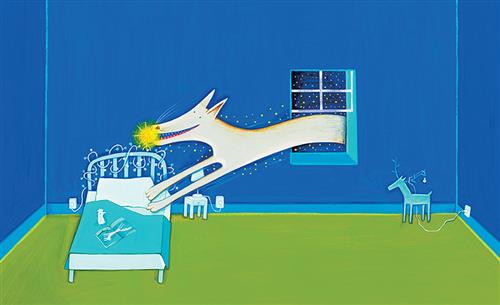  It is nighttime. A bedroom with blue walls and a green floor has a blue bed in the corner. On the bed is a toy rooster and a book open to a picture of a white wolf. In the corner is a standing, blue toy reindeer with a Christmas light on its antler. A long, white wolf jumps through the window with a bright yellow star in its mouth. Its body is halfway in the room and its paws are on the bed. Small stars are around it and in the sky outside the window. 