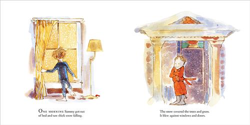  This image is a double page spread. To the left, is a window with a standing lamp beside it. A boy with light skin tone stands at the window. He holds the curtains open and watches snow fall. To the right, it is snowing. There is a house with a front porch. A boy stands outside on the porch with his arms crossed. He wears a red robe that is blowing in the wind. Text: One morning Sammy got out of bed and saw thick snow falling. The snow covered the trees and grass. It blew against windows and doors. 
