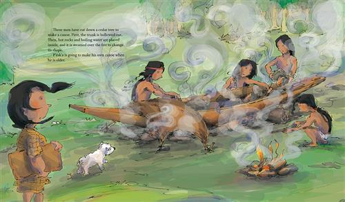  Four men with medium skin tone are in the grass working on a wooden canoe together. Smoke rises from rocks in the canoe and a fire beside it. It fills the air. A boy with a dog watches them. Text: These men have cut down a cedar tree to make a canoe. First, the trunk is hollowed out. Then hot rocks and boiling water are placed inside, and it is steamed over the fire to change its shape. P’ésk’a is going to make his own canoe when he is older. 