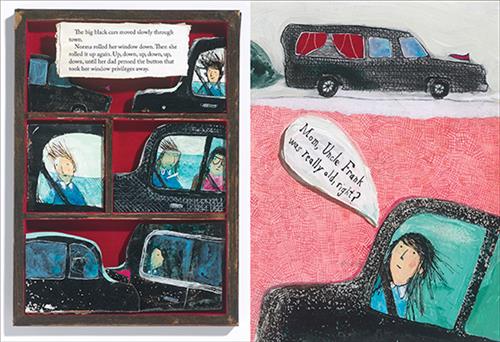  This image is a double page spread. To the left are three panels with black cars. Text The big black cars moved slowly through town. Norma rolled her window down. Then she rolled it up again. Up, down, up, down, up, down, until her dad pressed the button that took her window privileges away. To the right is a black car with red curtains in the back seat. In another black car is a girl with light skin tone. She looks out the window. A speech bubble above her head reads: Mom, Uncle Frank was really old right? 