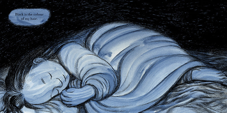  It is nighttime. A girl with light skin tone lies down under a blanket. Her eyes are closed, and she curls into herself. Text: Black is the colour of my hair. 