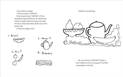  This image is in shades of black and white. This image is a double page spread. To the left are four images. One says “bowl” with a drawing of a bowl. Two says “teapot” with a drawing of a teapot. Three says “fruit” with a drawn apple, pear, and banana. Four says “drapery” and has a drawing of fabric. To the right is a drawing of a fruit bowl with an apple and pear, a teapot, and a banana on draped fabric. The text says they are trying to draw still life. They say it isn’t terrible, but it’s not very good. 