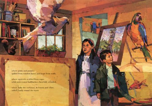  A room has art on the wall and on an easel. A bookshelf has books, supplies, and a squirrel. A boy and a girl side-by-side face different directions. A white bird takes flight in the room. A parrot is on the other side of the room over a fishbowl with a goldfish. Text: where pinks and purples spilled from window boxes and leapt from walls, where squirrels scolded from cages while red-crested bullfinches cheerfully whistled, where Sally the cockatoo, in lemon and white, sailed crazily round the room. 