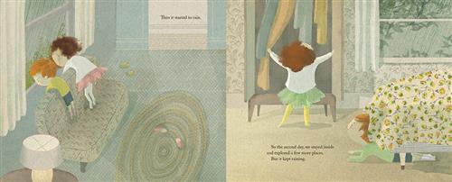  This image is a double page spread. To the left is a living room with blue walls and a blue floor. Two children stand on a couch against a window. They lean over to look out at the rain. Text: Then it started to rain. To the right is a bedroom with a tall dresser and a bed. A girl in green tutu looks through the dresser and a boy watches her while he lies half under the bed. Outside of a window it is raining. Text: So the second day, we stayed inside and explored a few more places. But it kept raining. 