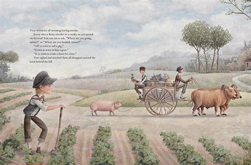 A path is between a farm and a field with hills. A boy with light skin tone on the farm leans on a rake. A cart full of boxes and bags is pulled by oxen on the path. Two men with light skin tone sit on either end of the cart. A pig harnessed by rope walks behind. Text: Tom worked all morning hoeing turnips. Every time a dusty traveler or creaky ox cart passed on the road Tom ran out to ask where they were going. Tom sighed and watched them all disappear around the bend behind the hill. 