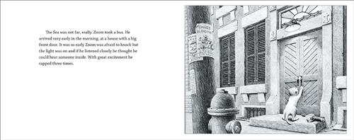  This image is in shades of black and white. A sidewalk goes past a building with a large door and a porch light above. A cat has his front paws on the door. Out front are a fire hydrant and an electricity pole with posters on it for “Three Blind Mice Jazz Trio.” The text says the sea was not far. Zoom took a bus. He arrived very early in the morning, at a house with a big front door. With great excitement he rapped three times. 