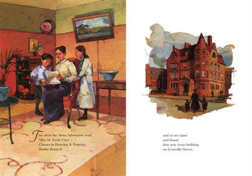  This image is a double page spread. To the left is a living room with a rug and paintings on the wall. A woman in an armchair reads to two children standing on either side of the chair. To the right is a large building with a columned entrance and many windows. The woman and children hold hands and cross the street toward the building. Text: the ad in the News Advertiser read Miss M. Emily Carr Classes in Drawing & Painting Studio Room 6… and so we came and found that new stone building on Granville Street. 