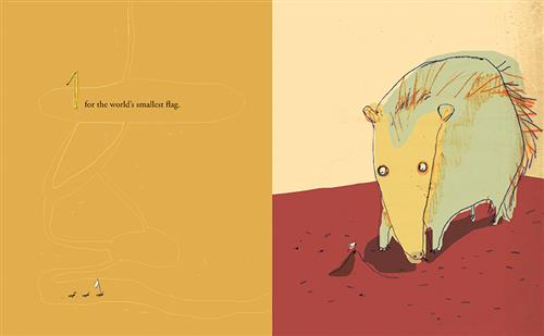  This image is a double page spread. To the left are tracks in sand. Three ants walk in a line. The first ant holds a small white flag on a flagpole. Text: 1 for the world’s smallest flag. To the right is an anteater looking at an ant hill. The hill has a small white flag on top. 