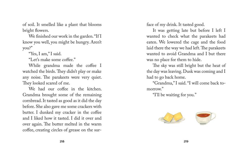  Two pages of text are shown, with a small illustration of two pieces of yellow cornbread on a plate and a cup of coffee. 