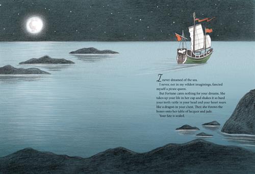  It is nighttime. A green ship with large white sails is sailing away from a rocky coast. The moon and stars are bright in the sky. The text says that the pirate queen had never dreamed or thought of the sea before. She says that fortune takes control of your fate and does not care about your dreams. 