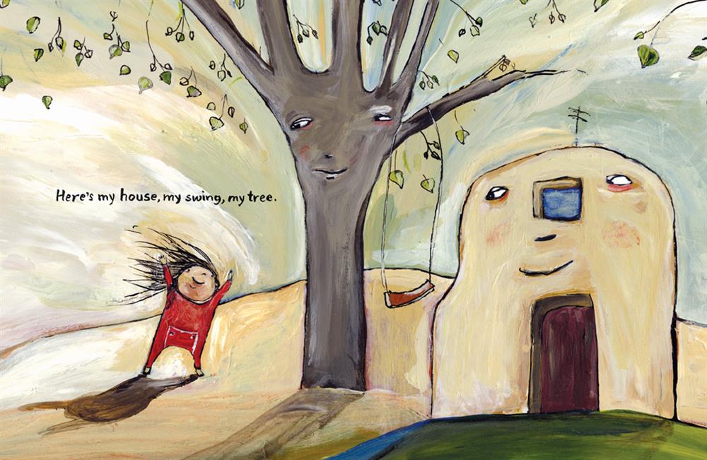  A tree stands outside of a rounded house. The tree and the house both have eyes, a nose, and a mouth. The tree has a swing on one branch. They look at a girl with medium light skin tone in a red onesie. She stands under the tree with her hands in the air. Text: Here’s my house, my swing, my tree. 