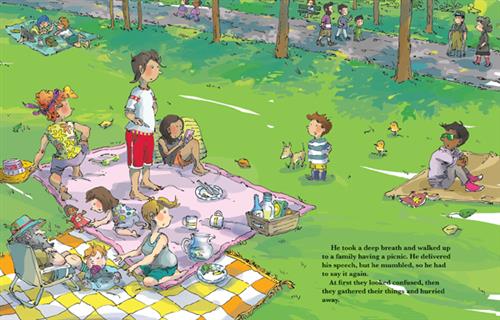  A group of people sit on two picnic blankets on the grass in a park. One person stands in the middle of the blanket with their hands on their hips. A boy with light skin tone stands beside the blanket with a small dog. People from this picnic and one from another picnic are watching him. Text: He took a deep breath and walked up to a family having a picnic. He delivered his speech, but he mumbled, so he had to say it again. At first they looked confused, then they gathered their things and hurried away. 