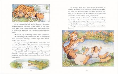  This image is a double page spread. To the left, a man with medium skin tone lies by a stream. A tiger crouches by him. A crocodile swims by. To the right the man has his hands in the air and a baby in his lap. The tiger is on its hind legs. The text says a tiger sees an animal with four legs, four arms, and one head. It's the man and baby, whose head is hidden. The tiger asks the crocodile about the animal. He says count again. The man sneezes. The baby sits up. The scared tiger falls into the river. 