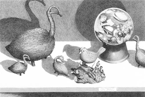  This image is in shades of black and white. A white shelf has a label on the side that reads “Ontario.” On the shelf are a snow globe with images of people inside, a figure of a small bird perched on a piece of wood, and four different sizes of statues that resemble birds, but have two pieces of wood carved for the head and two blocks of wood for the feet. 