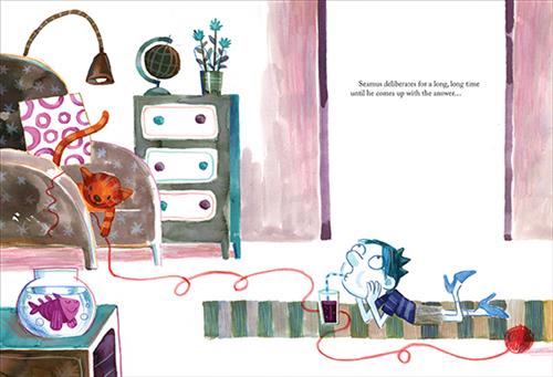  In a living room there is a couch, a rug, and side tables. A boy with light skin tone and blue hair lies on his stomach on the rug, leaning his head in his hands. He is drinking purple juice from a straw and looking up at the ceiling. He is wearing blue high heels. On the couch is an orange cat. It plays with a ball of yarn that rolls past the boy. Text: Seamus deliberates for a long, long times until he comes up with the answer… 