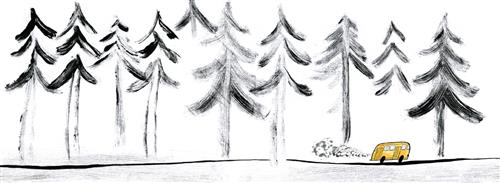  Trees line a road in shades of black and white. They tower over a small yellow bus that is driving down the road. The bus is releasing exhaust into the air. 