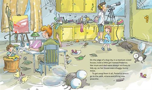  On a kitchen floor are shoes, leaves, mice, and mess. A woman with light skin tone is at a cluttered table in rollerblades. A baby with light skin tone is in a plant pot with a bottle. The countertop is full of dishes and rags. A man with light skin tone has a telescope and headphones. A girl with light skin tone goes to a door. Bugs are around the room. The text says Federica’s parents are too busy to clean, so her house is full of bugs and mess. She goes to the park where it is peaceful to get away. 