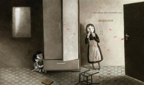  The front door of a house is open and lets light into the dark home. A woman with light skin tone stands inside the front room and looks out the door. Her hands cover her mouth. The floor, walls, a cabinet, and the woman’s apron are stained with blood. Two children sit on the floor and hide behind the cabinet. They peak at the door. A broken chair lays on the ground. Text: they took my father and brother away. 